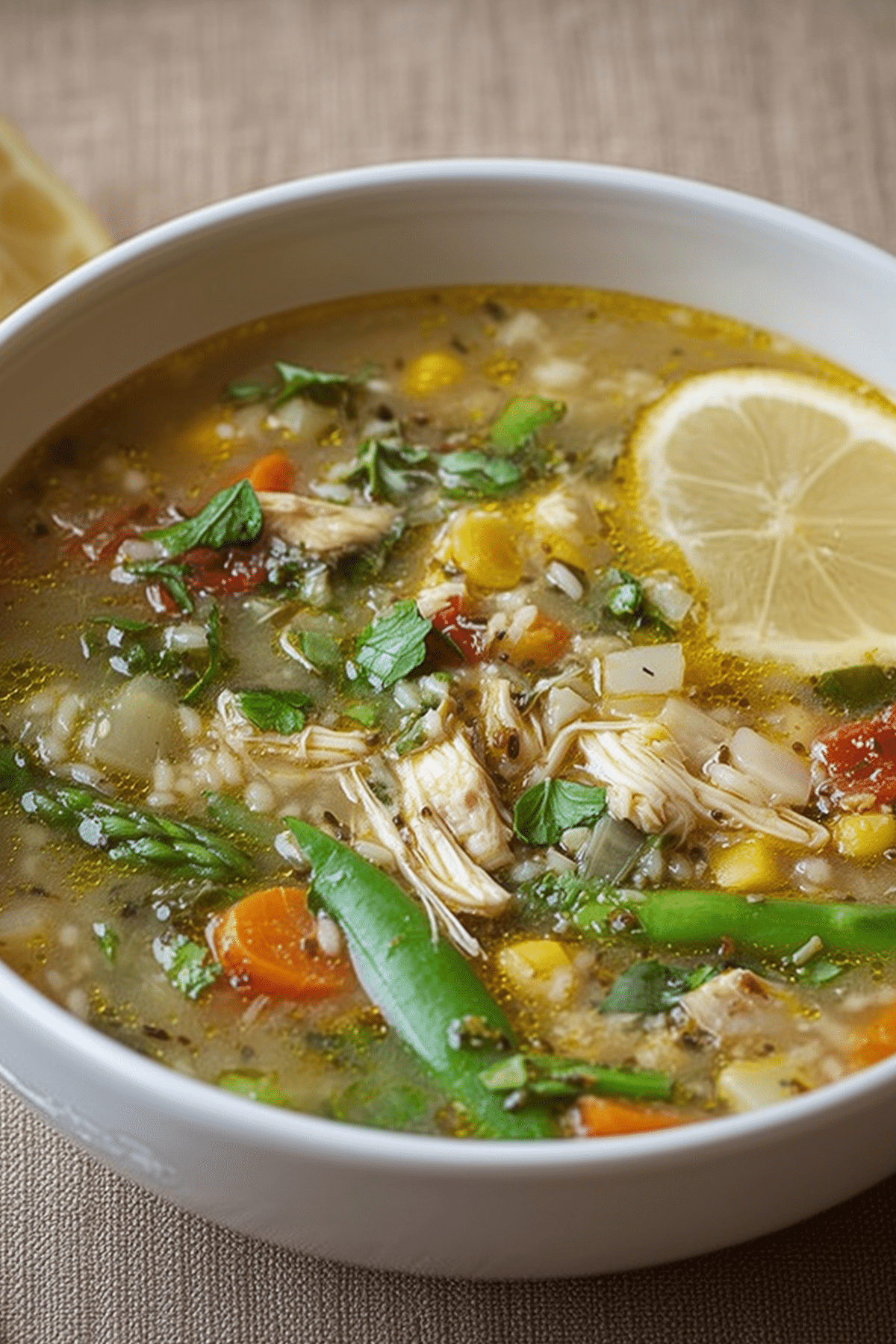 Lemony Chicken Soup with Spring Veggies in a bowl with fresh herbs