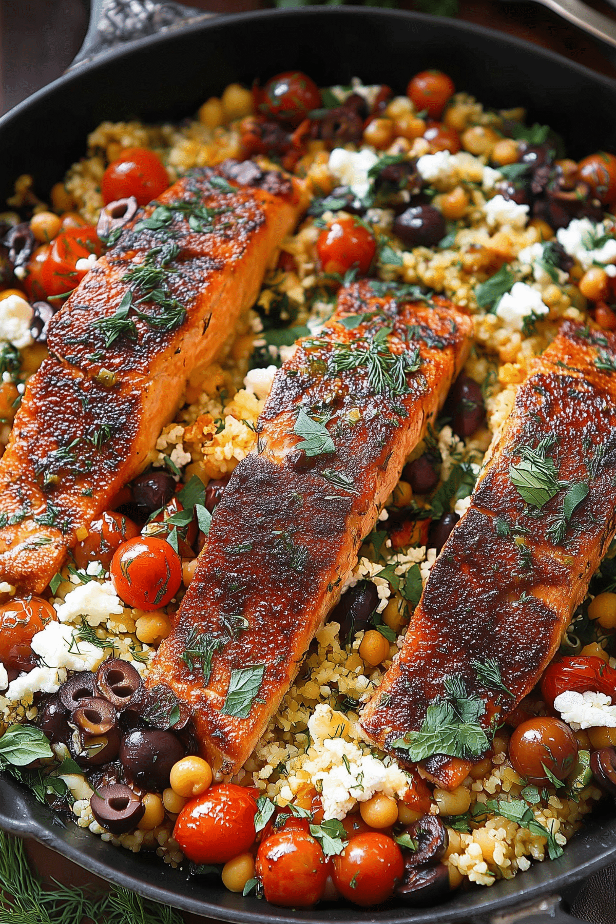 Mediterranean Salmon recipe with feta, chickpeas, and olives