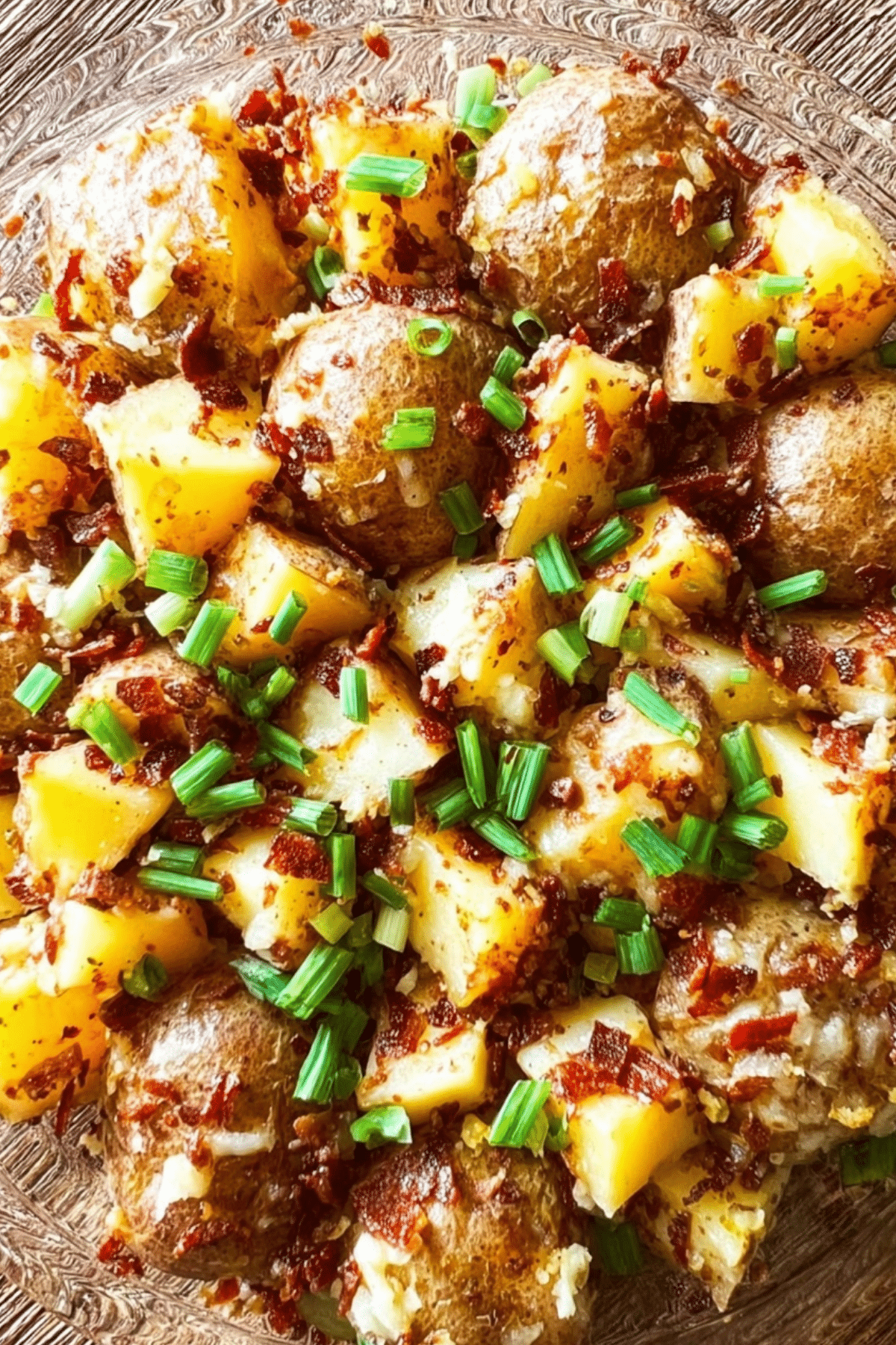 Mississippi Mud Potatoes in a baking dish with cheese and bacon