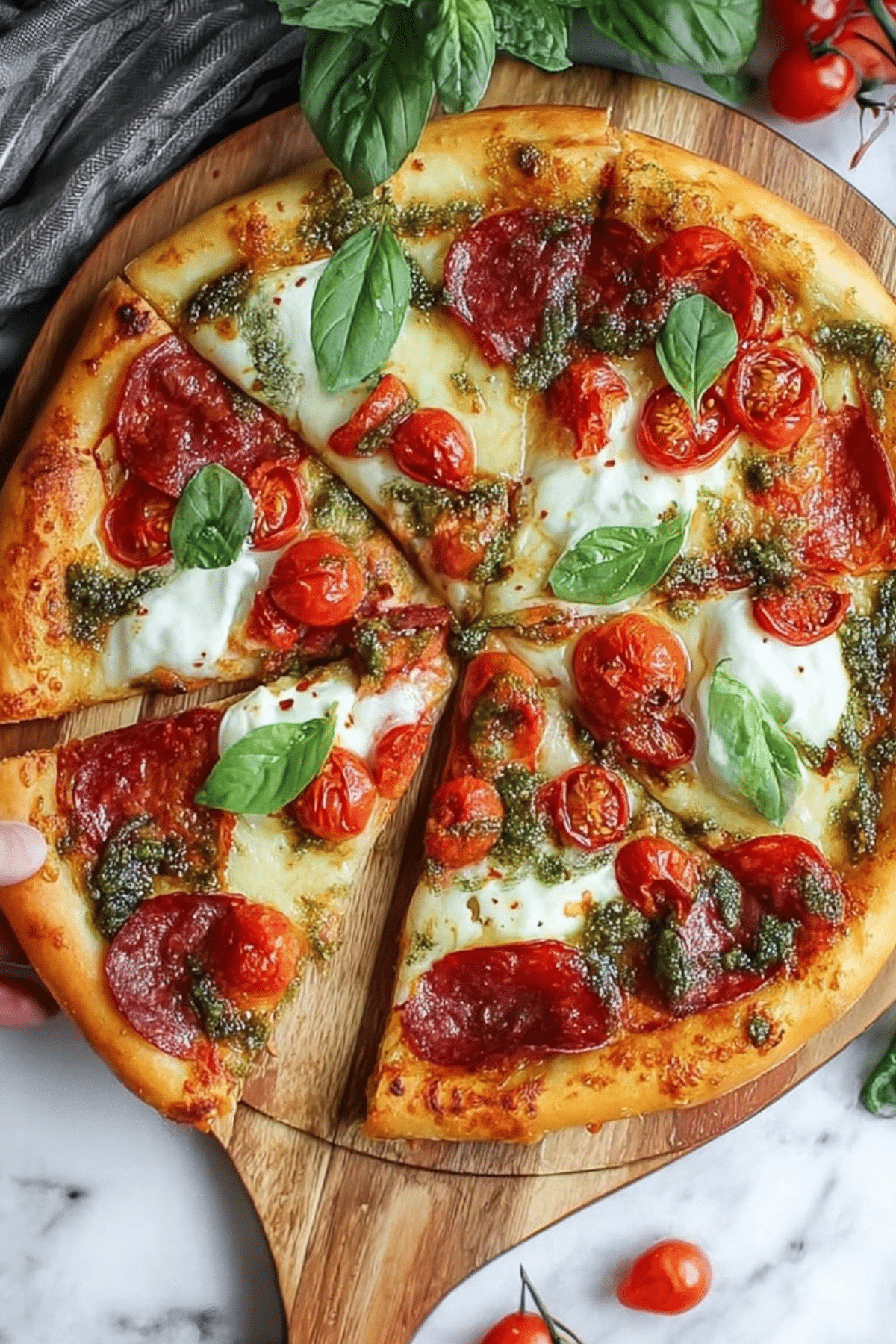 Pepperoni and Burrata Pizza with Pesto – A delicious pizza recipe with creamy burrata and fresh pesto