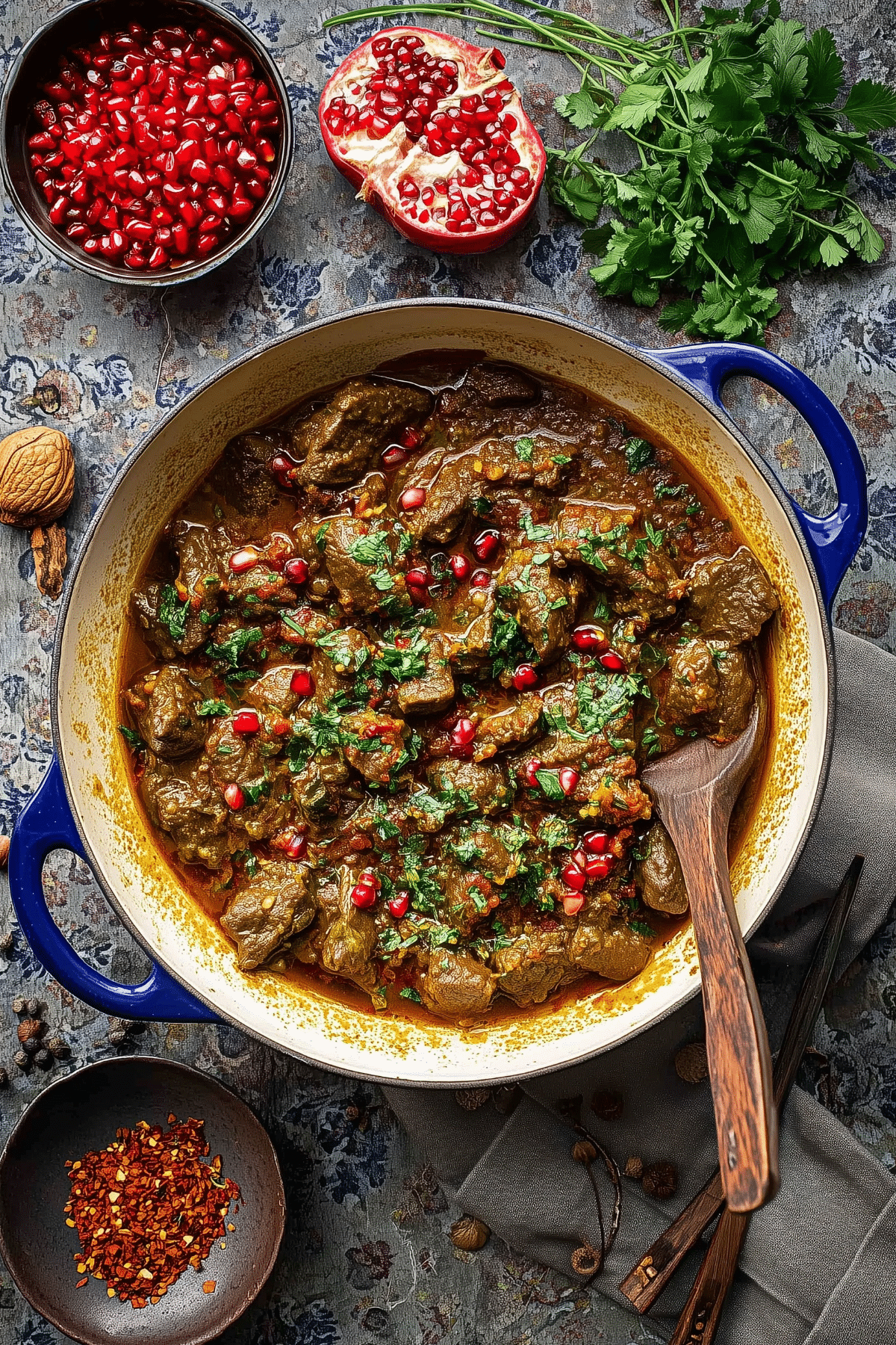 Persian Lamb Stew in a bowl with herbs and pomegranate seeds