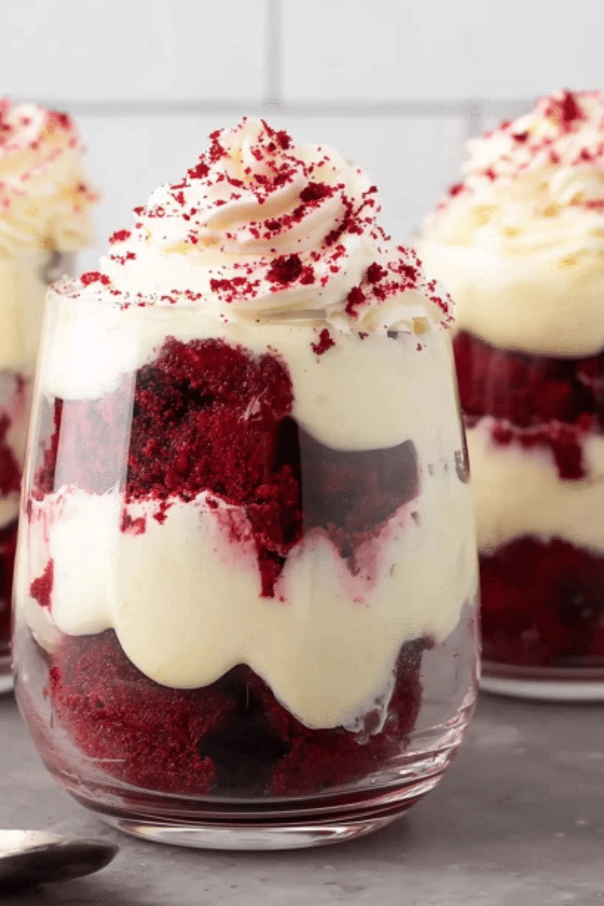 Red Velvet Trifle Cups with cake and whipped cream