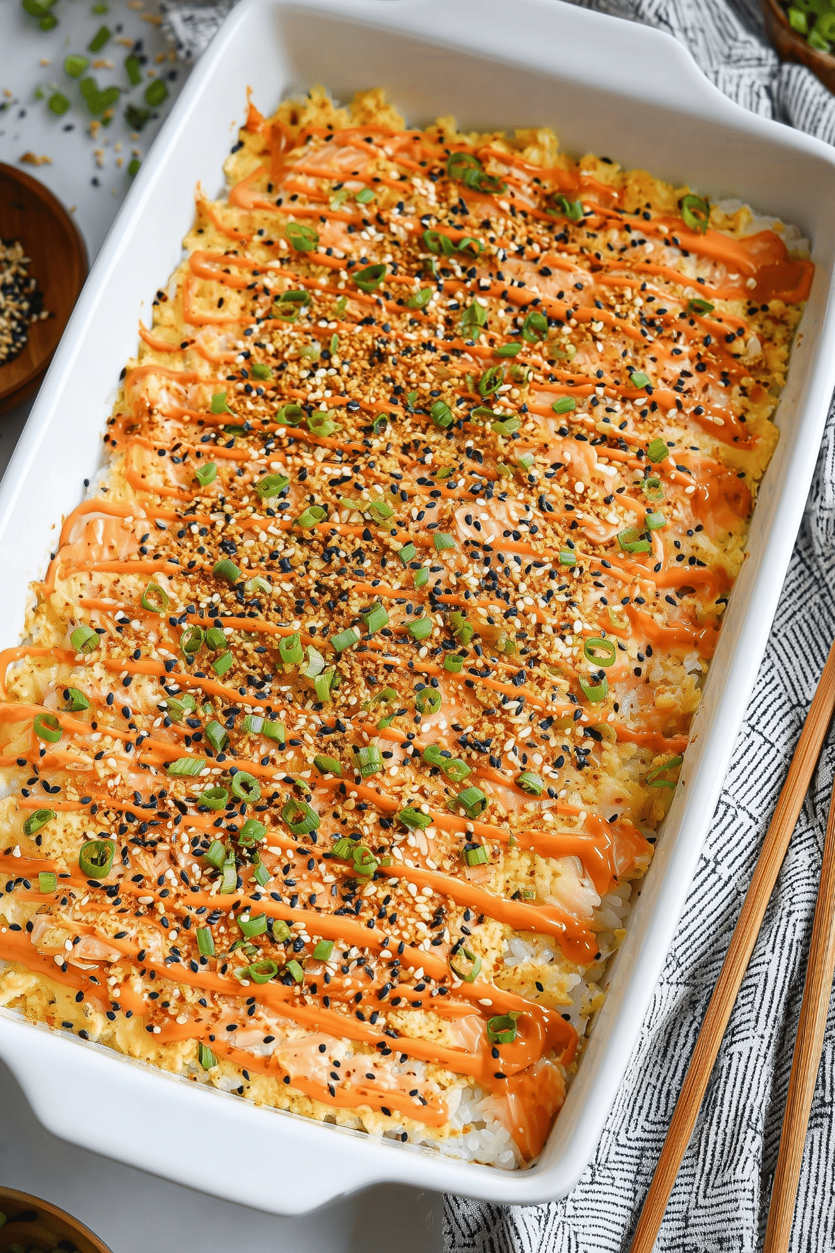 Salmon Sushi Bake recipe, featuring fresh salmon and a creamy topping