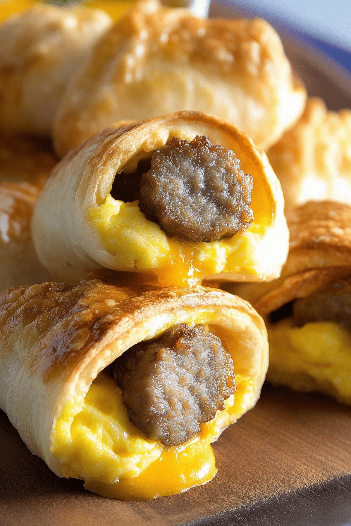 Sausage and Egg Roll Ups baked golden with eggs and sausage