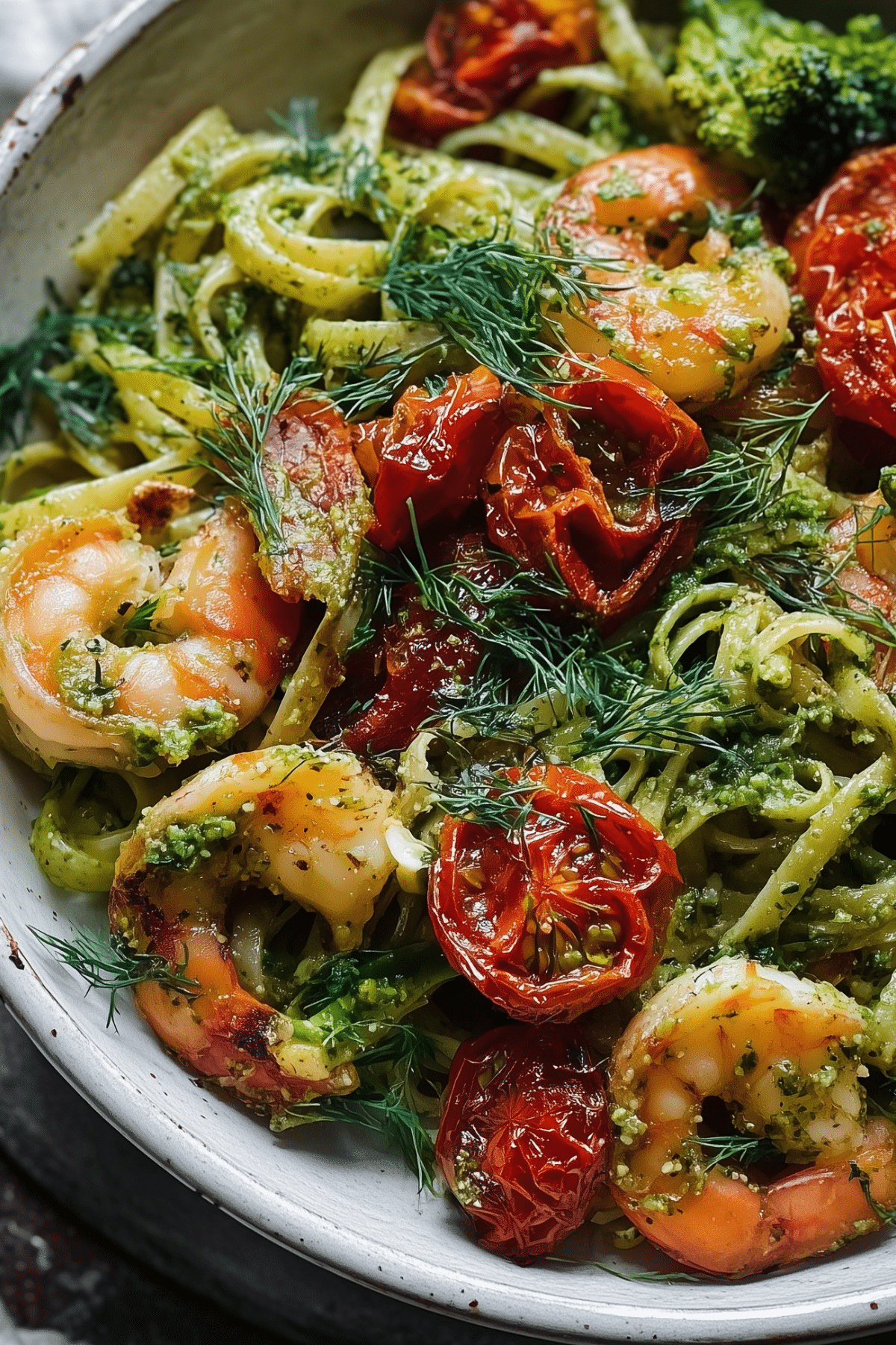 Shrimp Pasta with Dill Pesto and Garlic Roasted Tomatoes with shrimp and roasted tomatoes