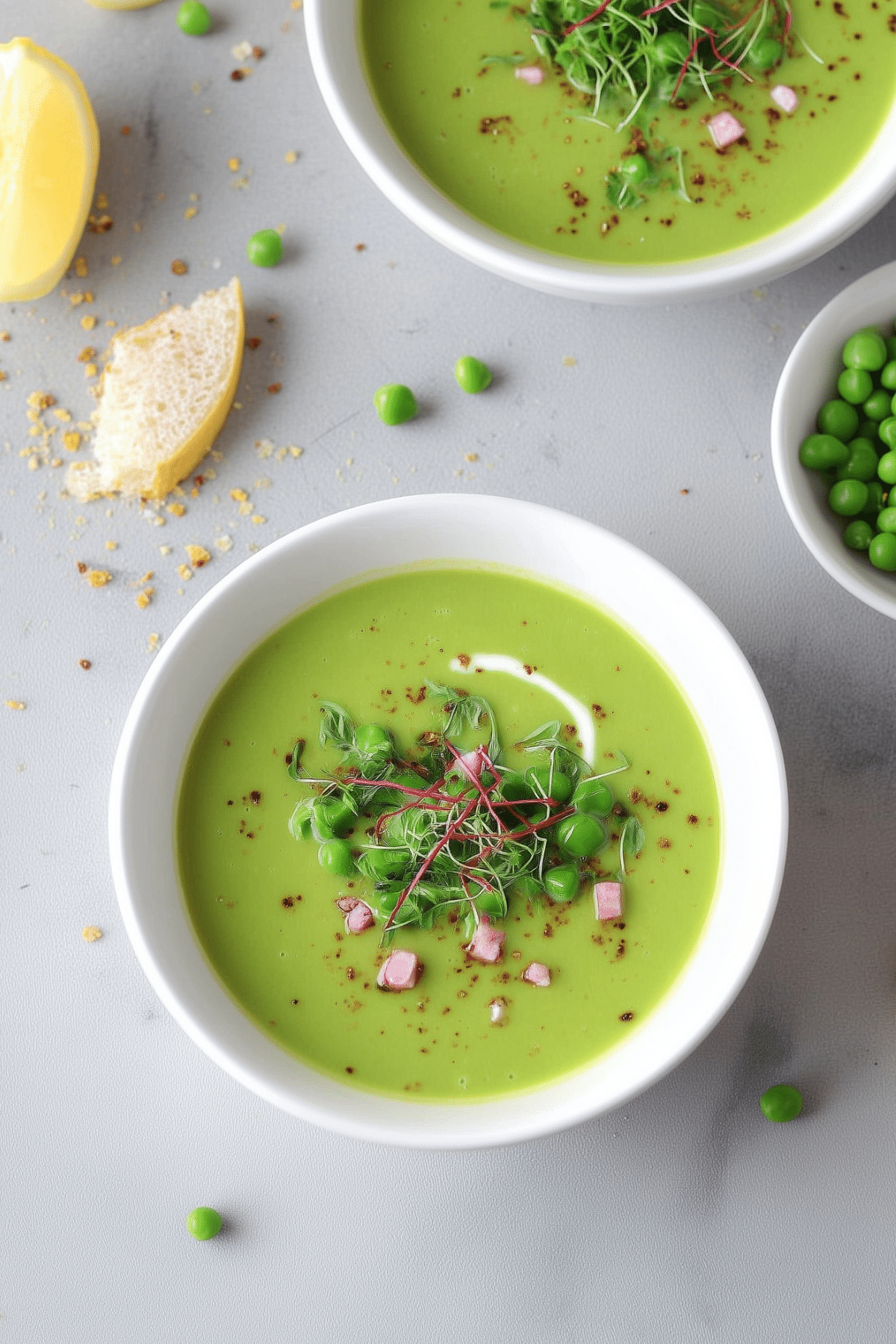 spring pea soup recipe with peas, basil, and lemon