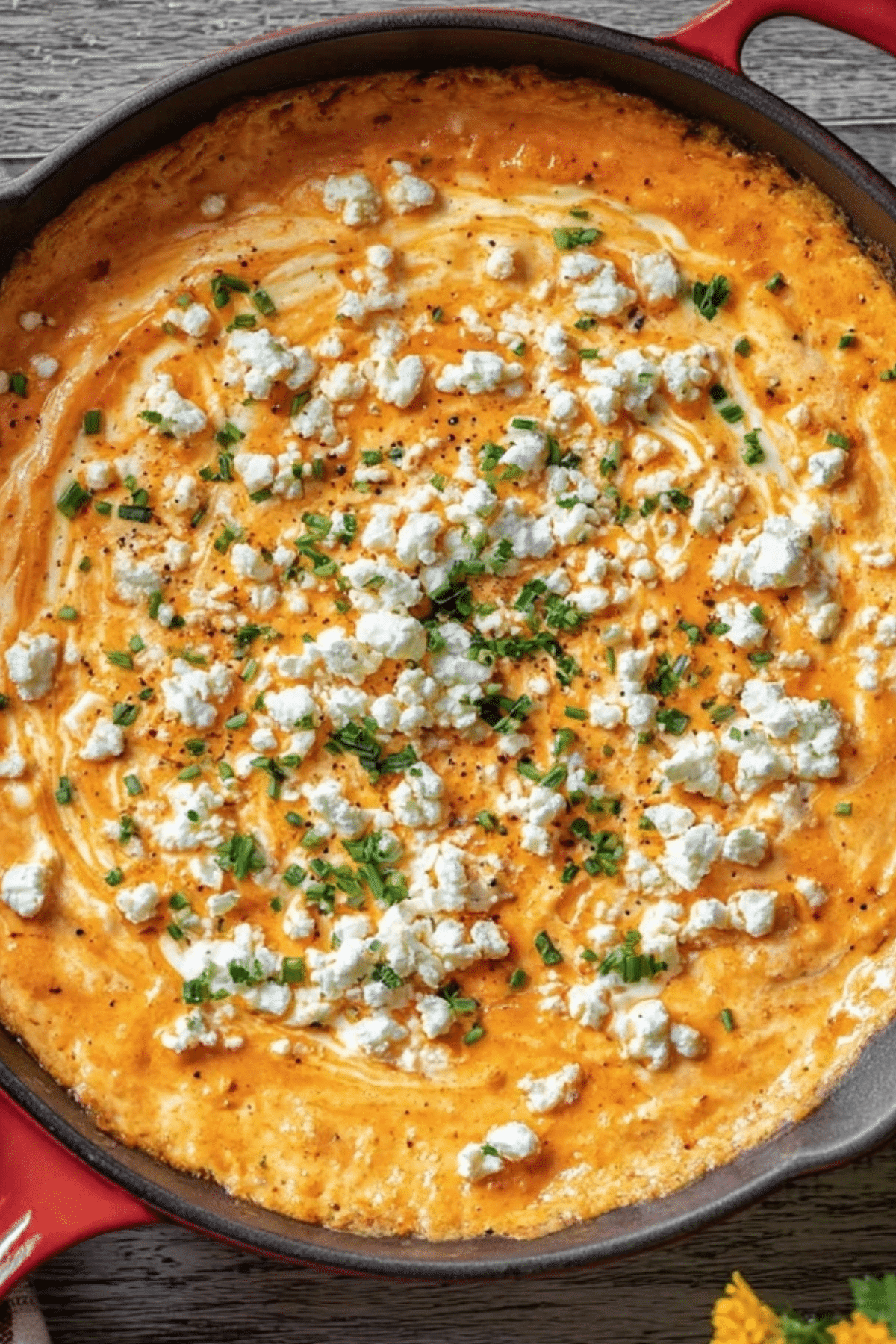 creamy stovetop buffalo chicken dip served in skillet