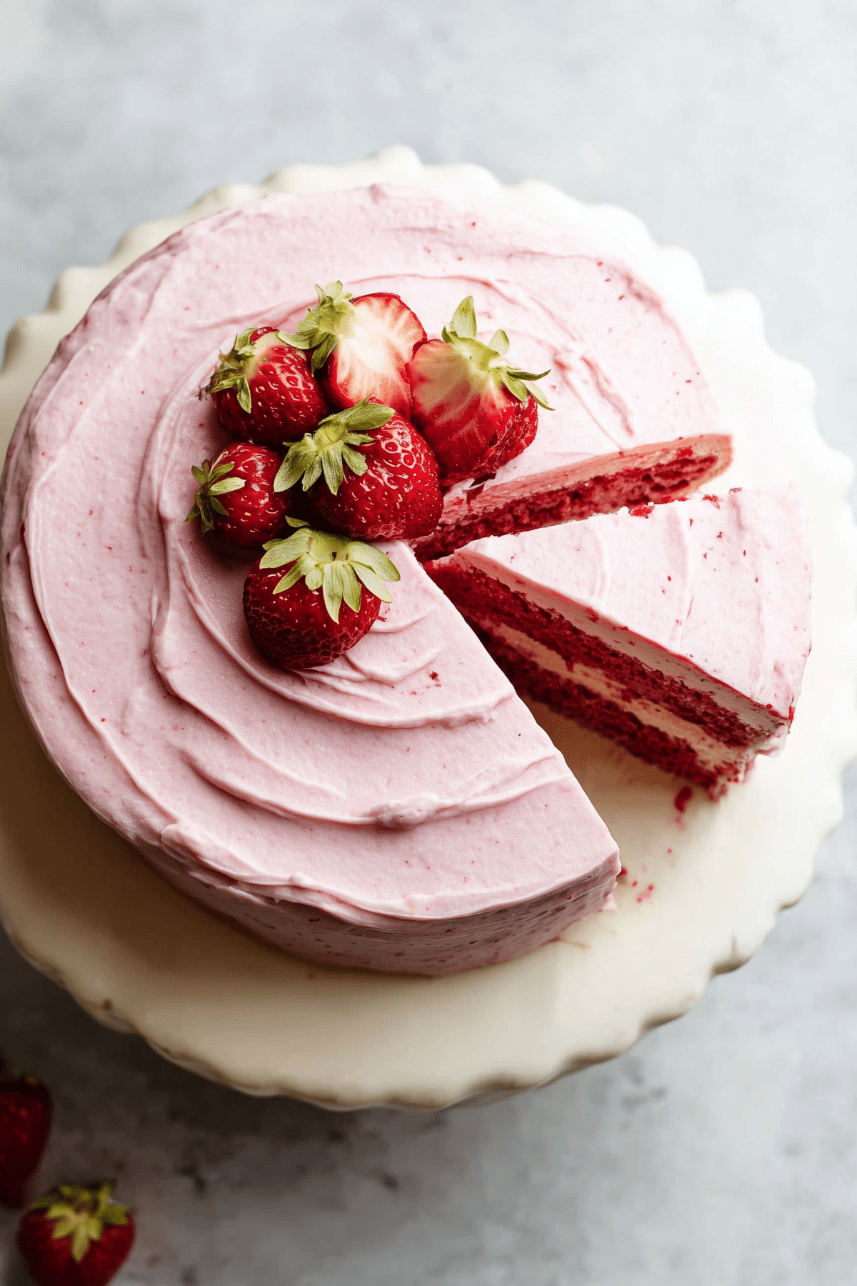 Strawberry cake with fresh strawberries and cream cheese frosting