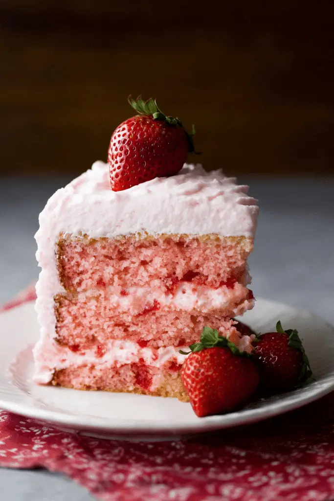 Strawberry cake with fresh strawberries and cream cheese frosting