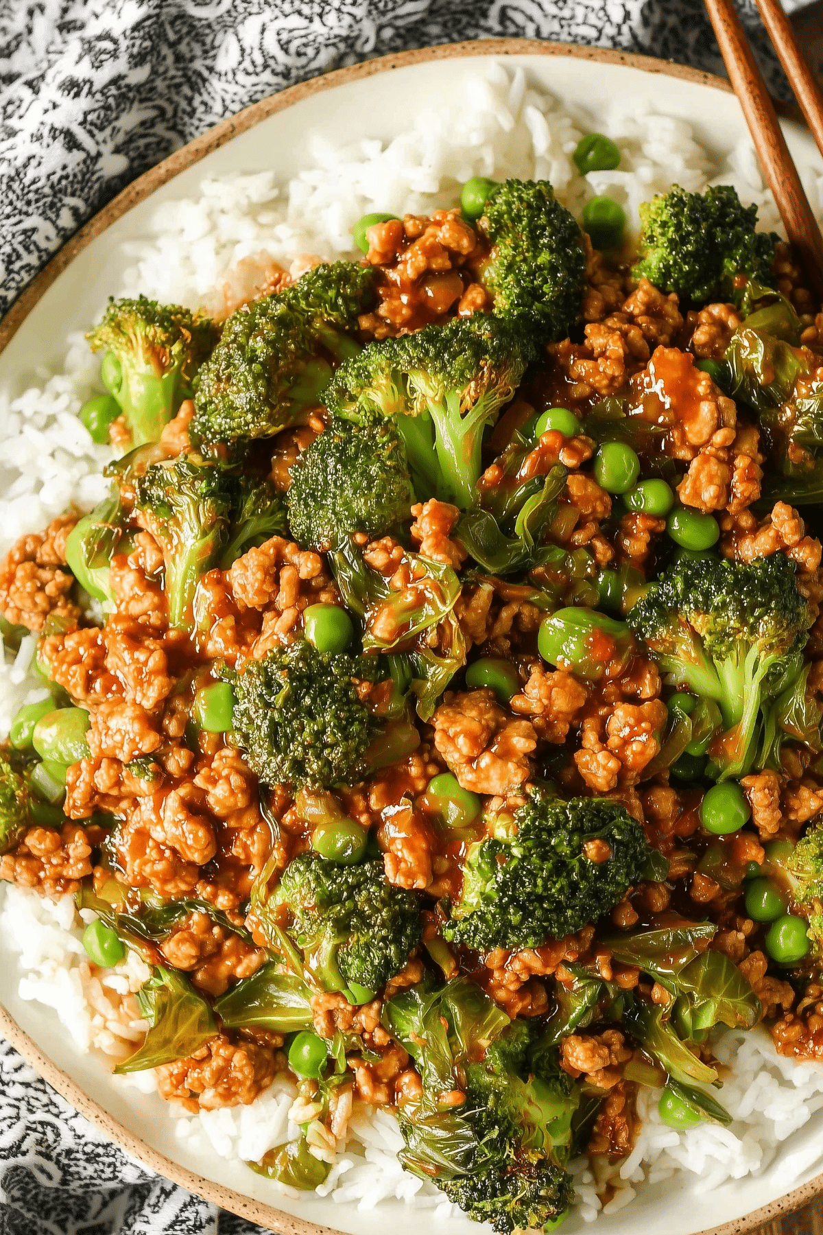 Teriyaki Ground Turkey Broccoli and Peas in a bowl