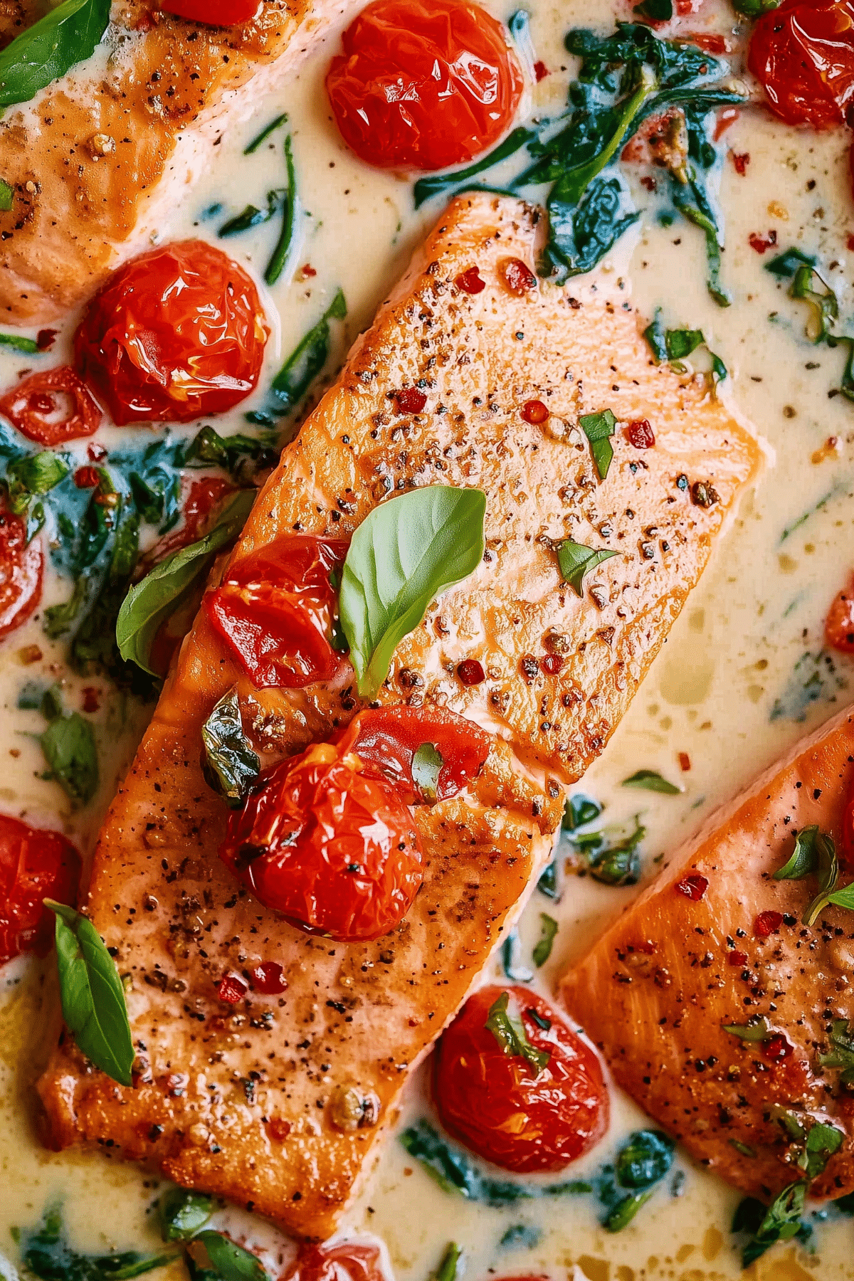 Creamy Tuscan Salmon with parmesan sauce and spinach"