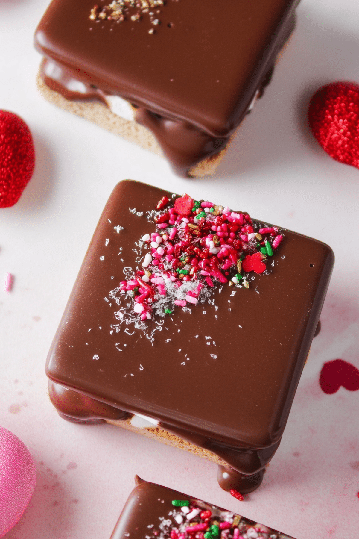Valentine’s Day Smores with pink drizzle and sprinkles