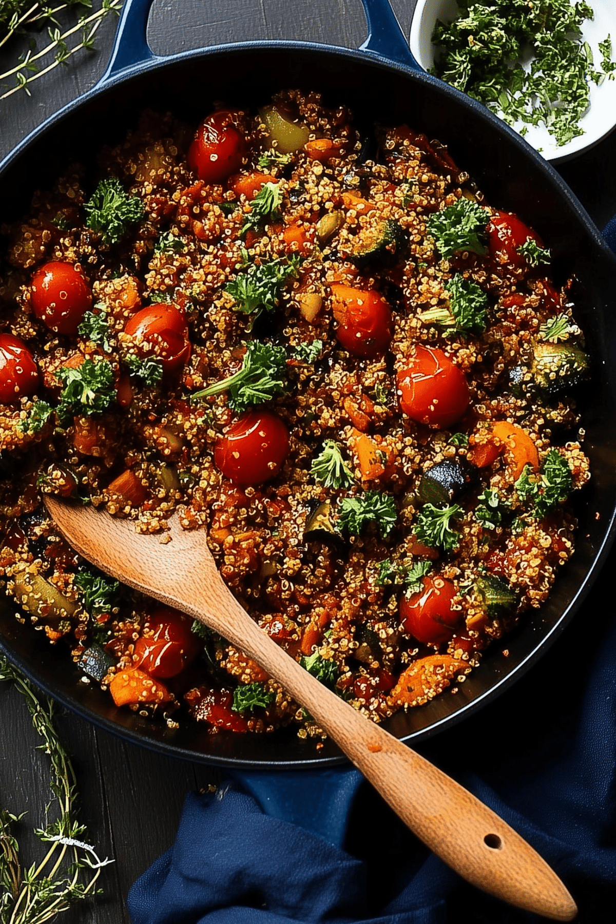 Spicy Veggie Quinoa Skillet with roasted veggies and quinoa in a pan