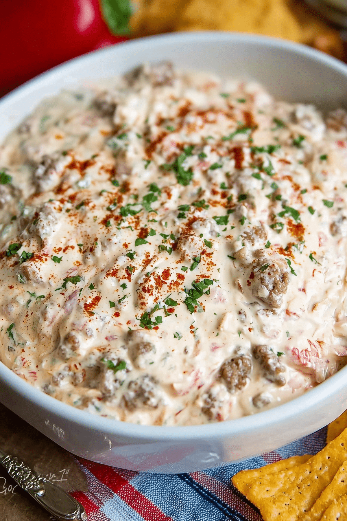3 Ingredient Cream Cheese Sausage Dip served warm with tortilla chips