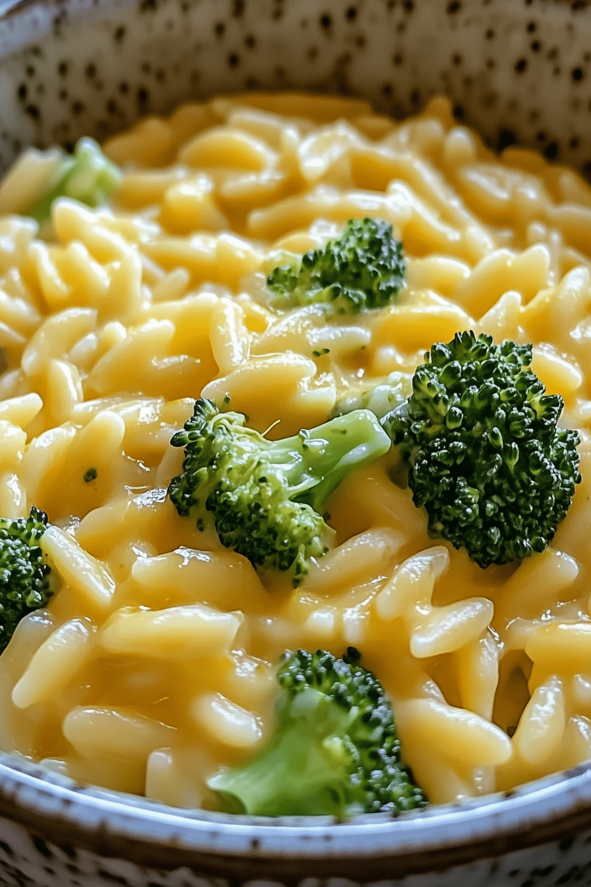 Creamy Broccoli Cheddar Orzo with tender broccoli and melted cheddar cheese