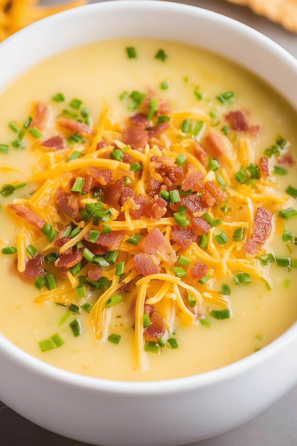 Creamy Cheddar Cheese Potato Soup served in a bowl with shredded cheddar and chives