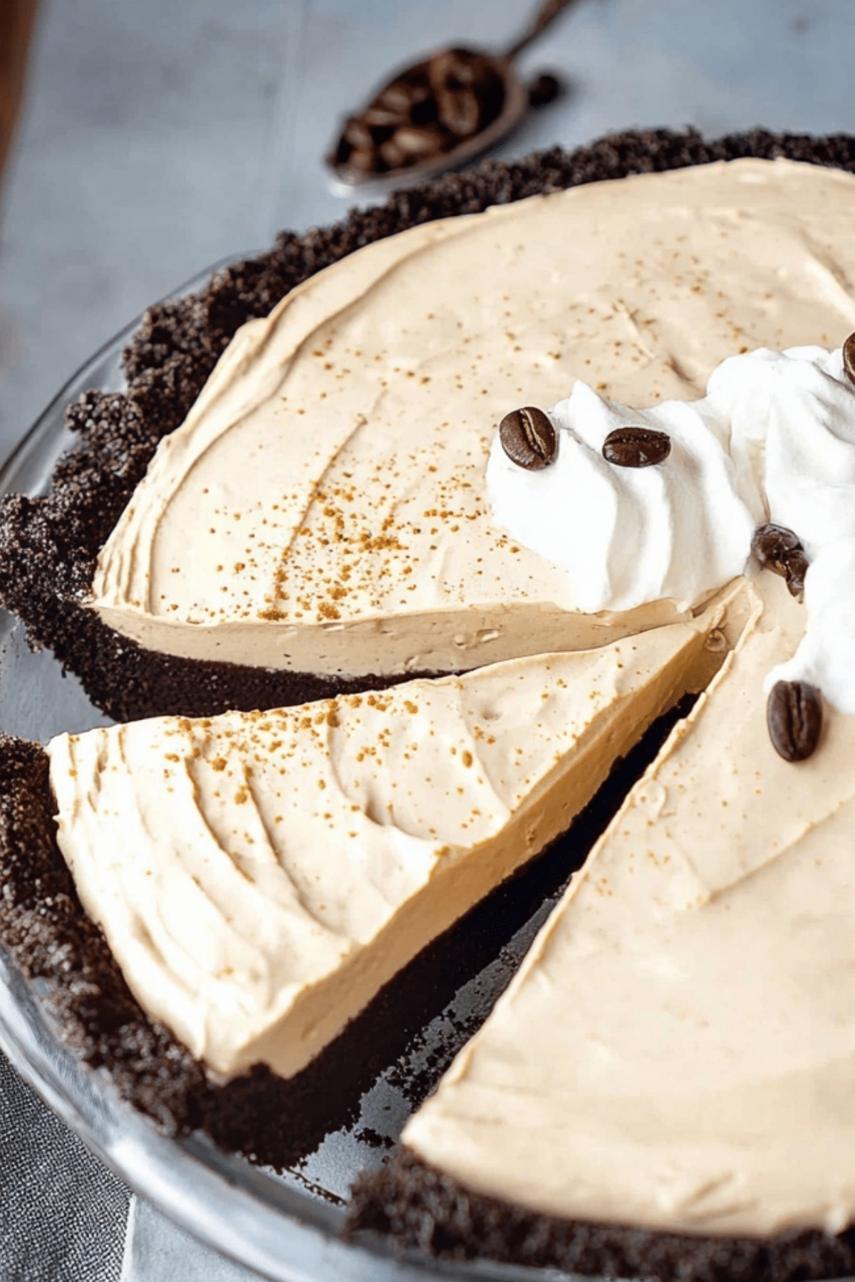 Creamy frozen coffee pie with Oreo crust and espresso filling
