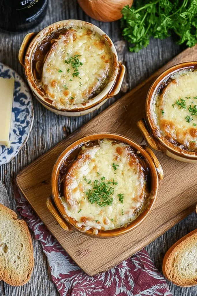 Guinness and Onion Soup with melted cheese and caramelized onions