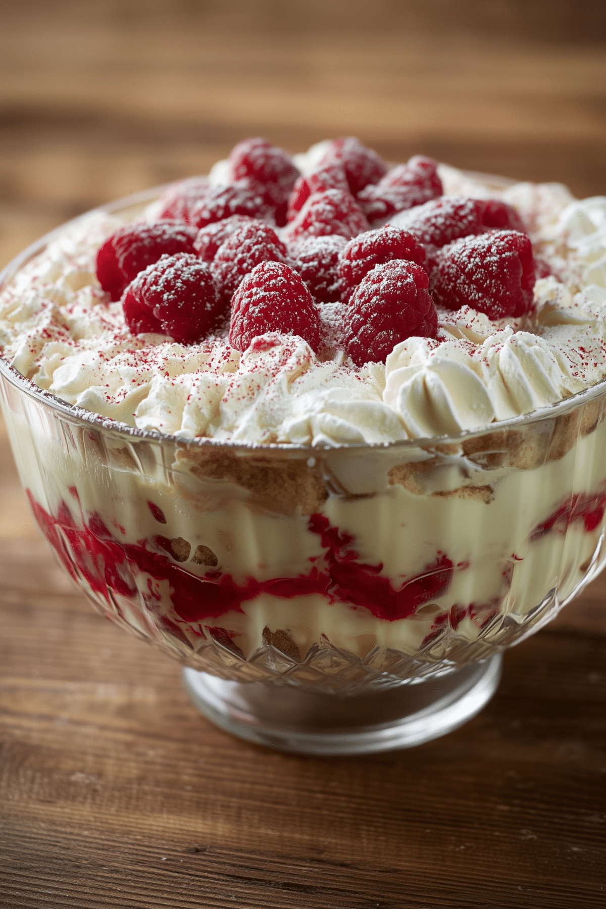 Irish Trifle layered with sponge cake, custard, berries, and whipped cream