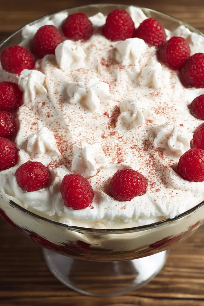 Irish Trifle layered with sponge cake, custard, berries, and whipped cream