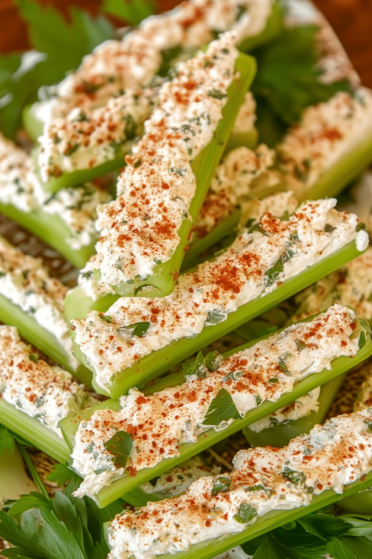 Italian Cream Cheese Stuffed Celery arranged on a serving platter