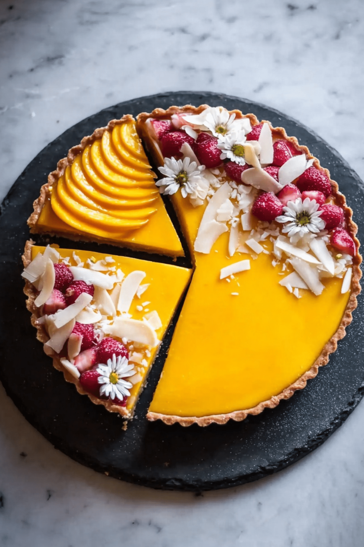 Mango Curd Tart with silky mango curd and fresh fruit topping