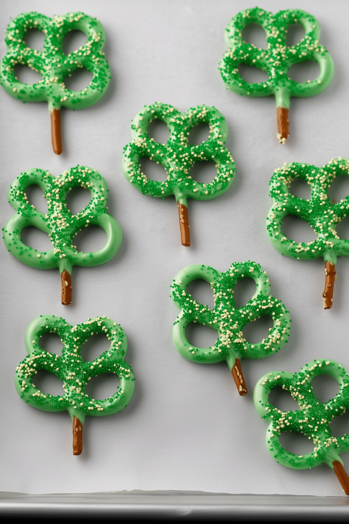 Pretzel Shamrocks coated in green candy melts with sprinkles