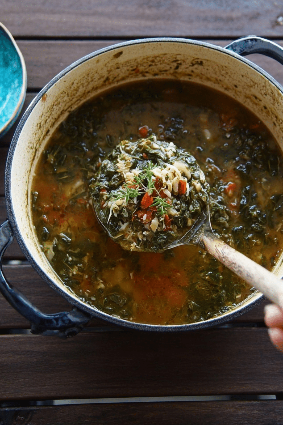 Bowl of Sardinian Herb Soup with kale, beans, and parsley