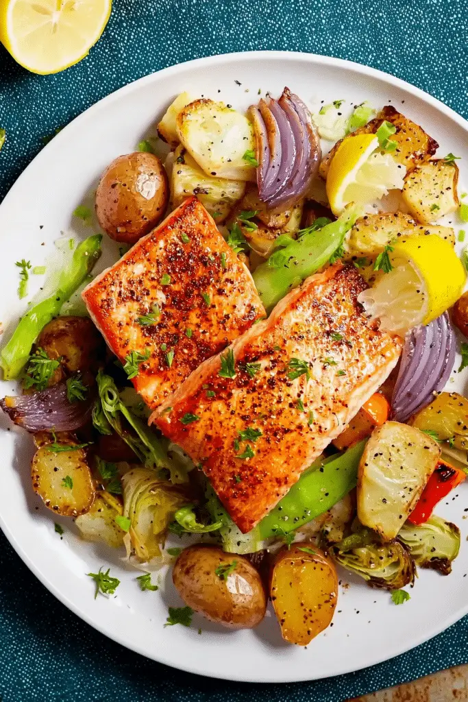 Sheet Pan Lemon Pepper Salmon with roasted potatoes and leeks on a baking sheet