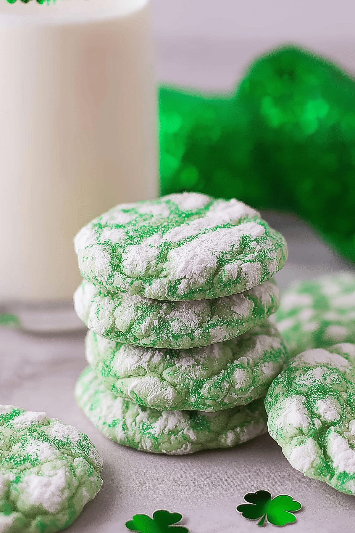 St Patrick’s Day Cookies with green crinkle tops on a baking tray