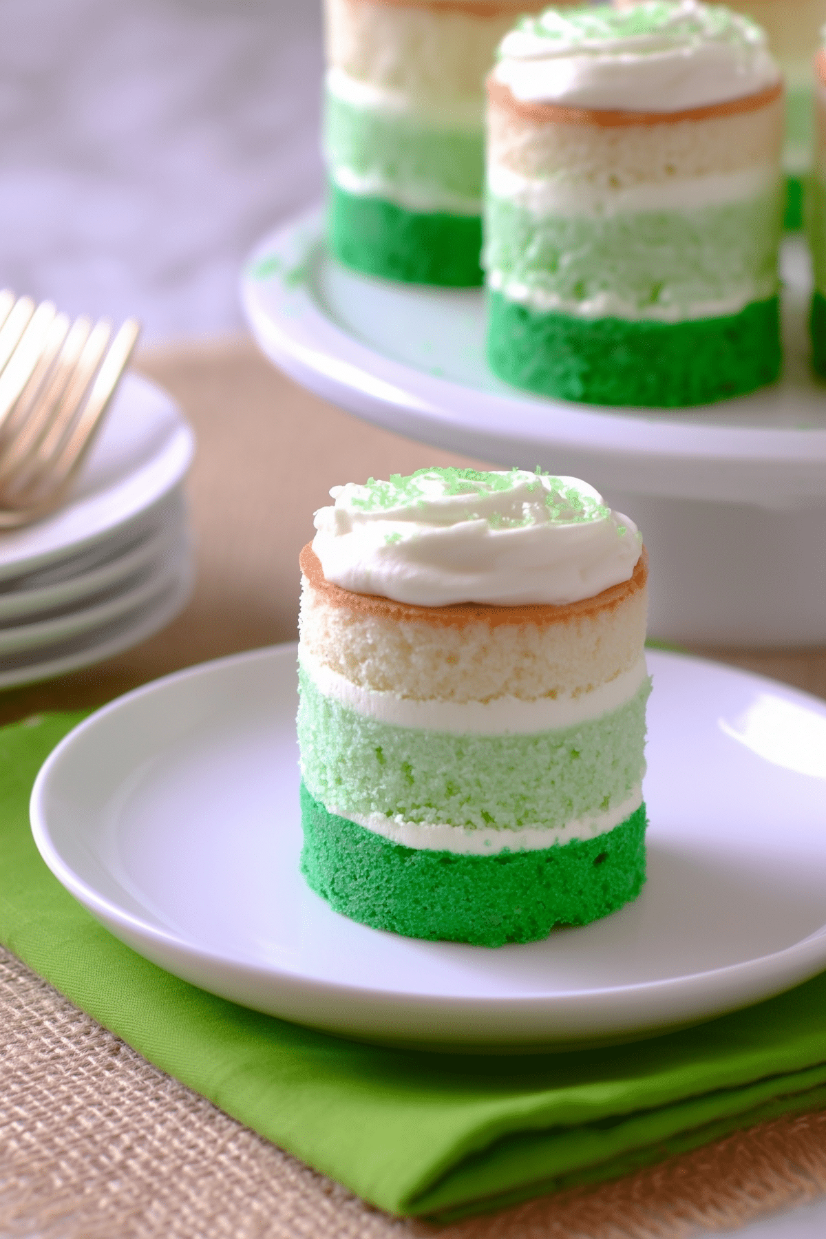 St Patrick’s Day Mini Ombre Cakes with layered green ombre cake and creamy frosting
