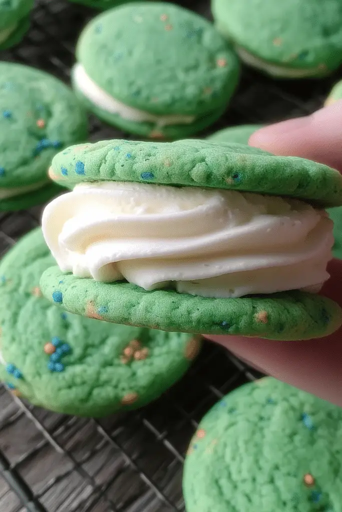 Vanilla Mint St Patrick's Day Cookies with creamy mint filling