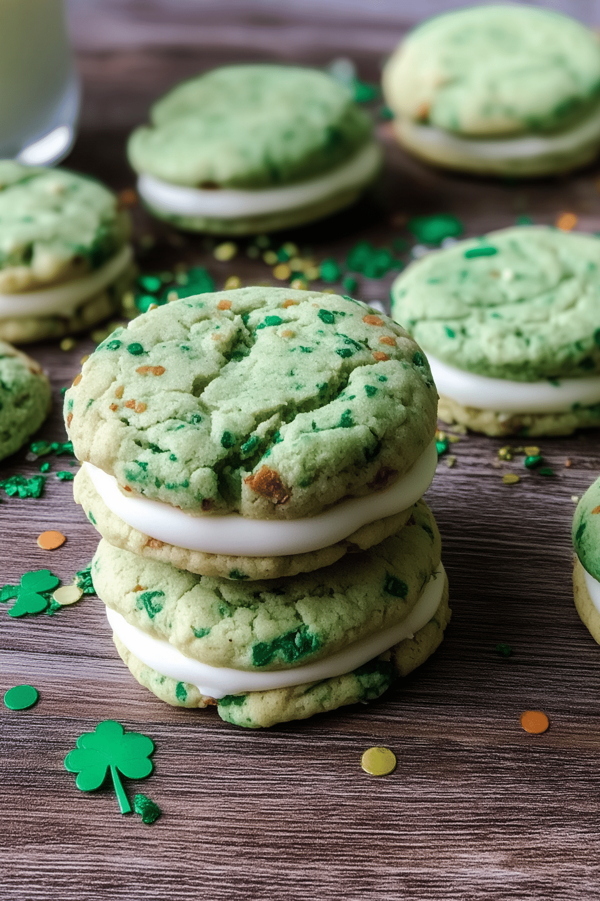 Vanilla Mint St Patrick's Day Cookies with creamy mint filling