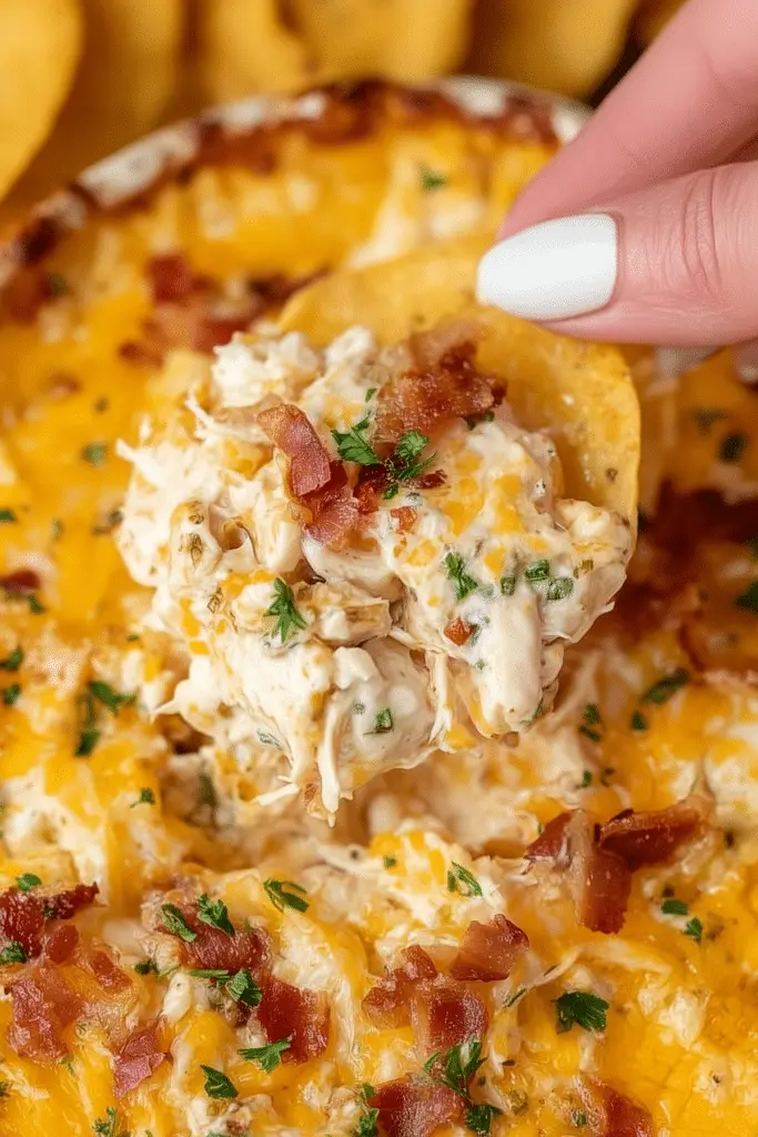 Warm Crack Chicken Dip baked with cheddar, bacon, and ranch seasoning