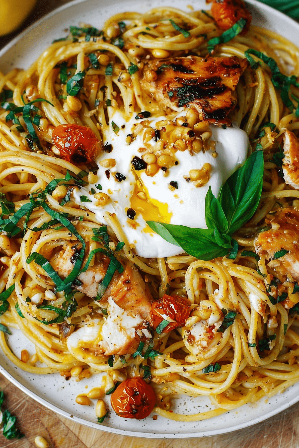 : Chicken Spaghetti with Burrata and Lemon Butter Garlic Sauce served with fresh basil and roasted tomatoes