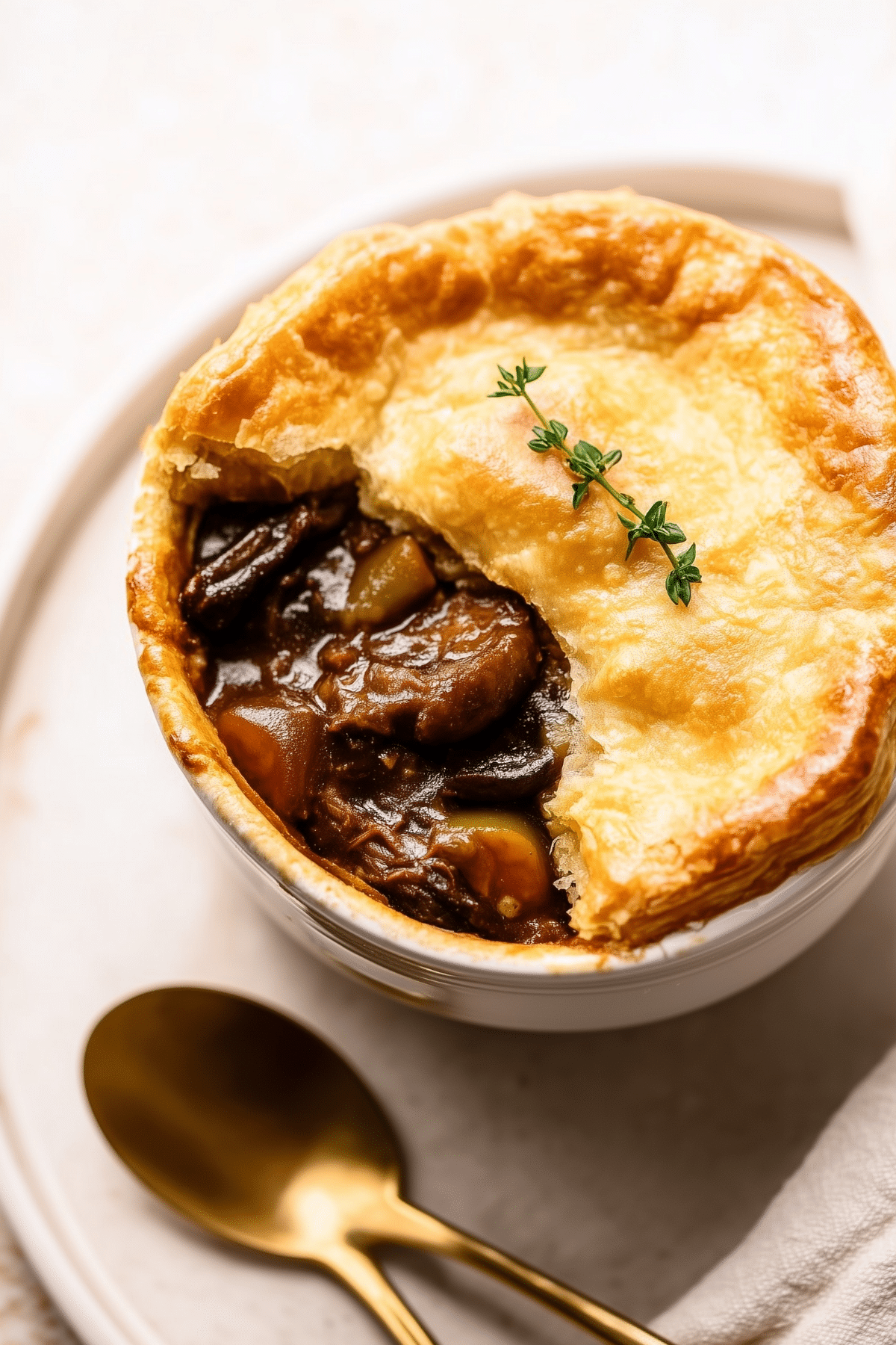 Guinness Braised Beef Pot Pie with flaky golden crust and stout-braised beef filling