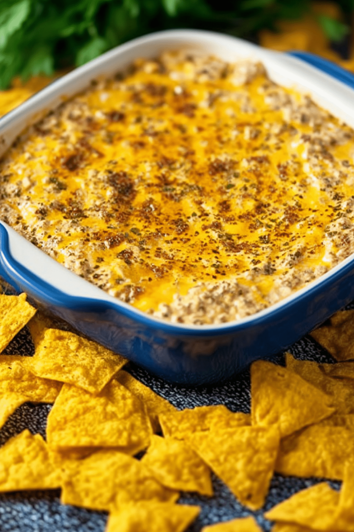 Hissy Fit Dip baked sausage cheese dip served hot with chips