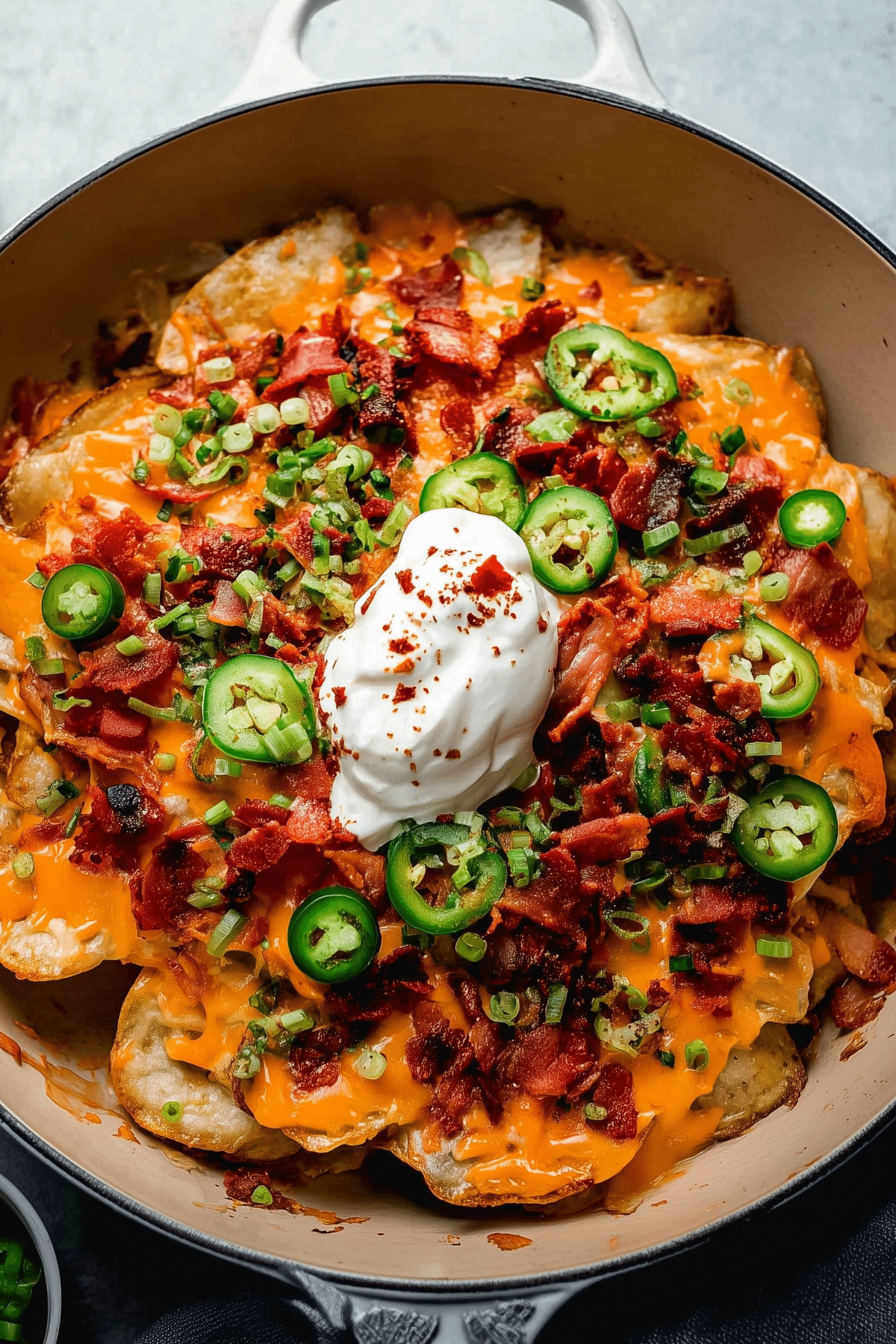 Irish Nachos with crispy potatoes, cheese, and bacon