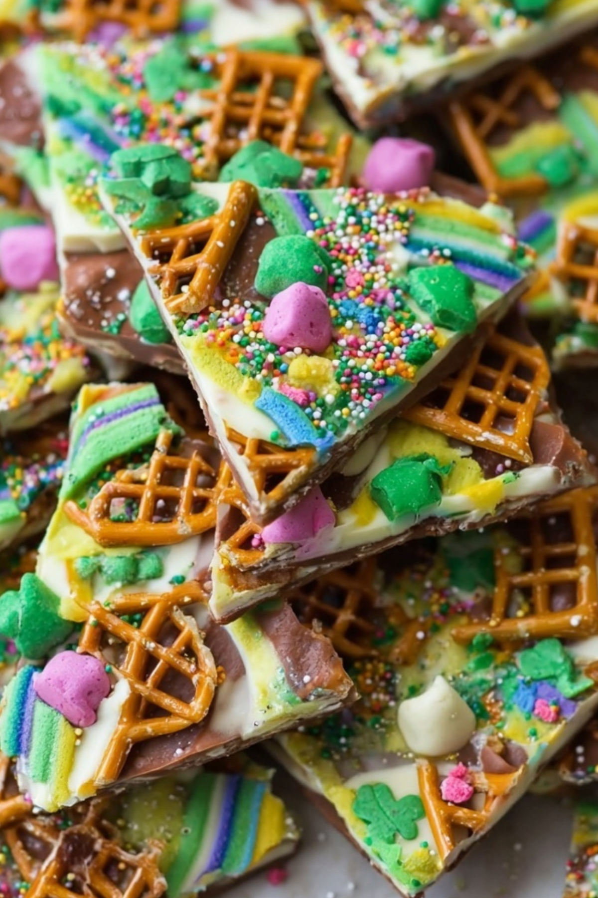 Leprechaun Bark chocolate candy with pretzels and festive sprinkles