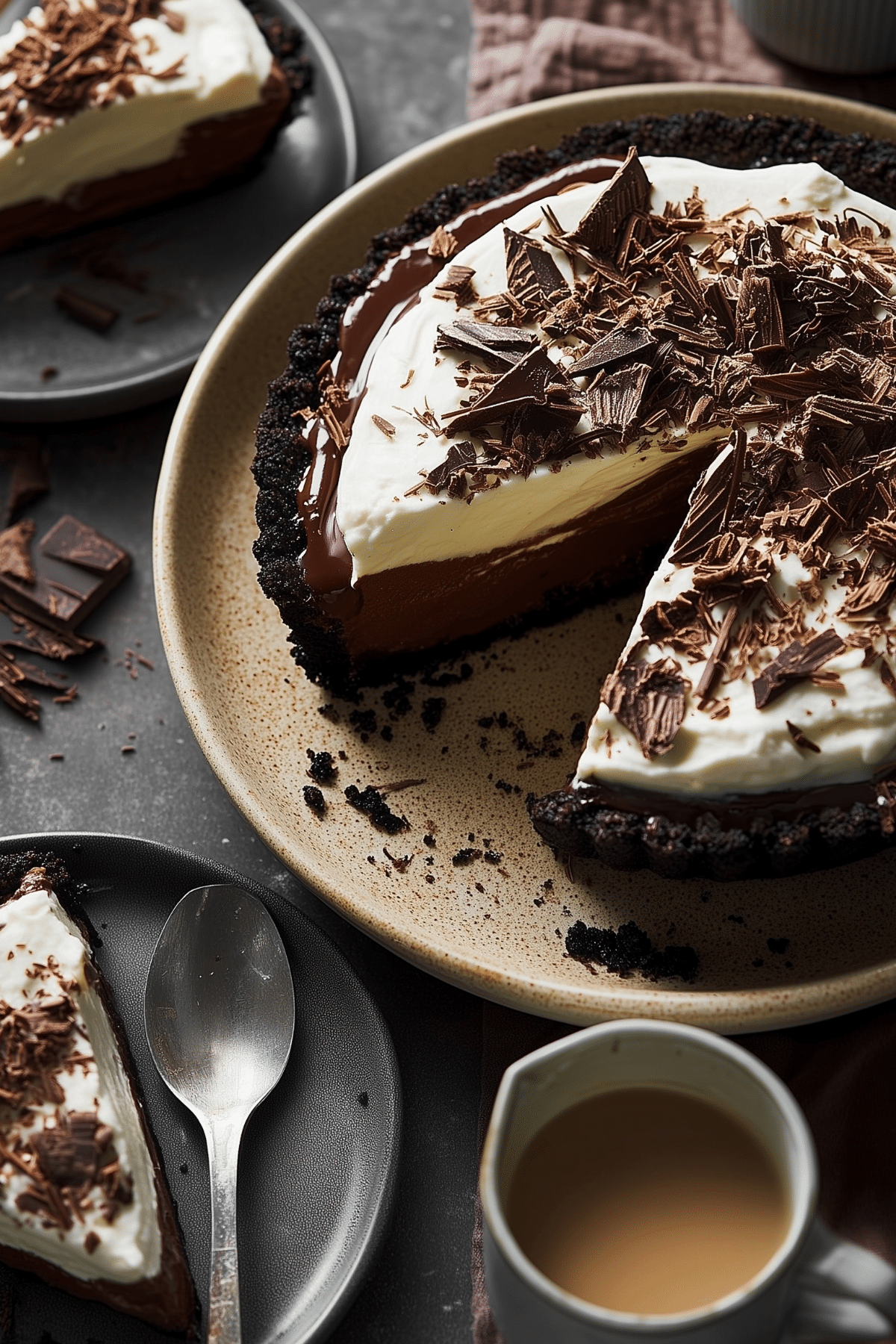 slice of no bake baileys chocolate pie with whipped cream topping