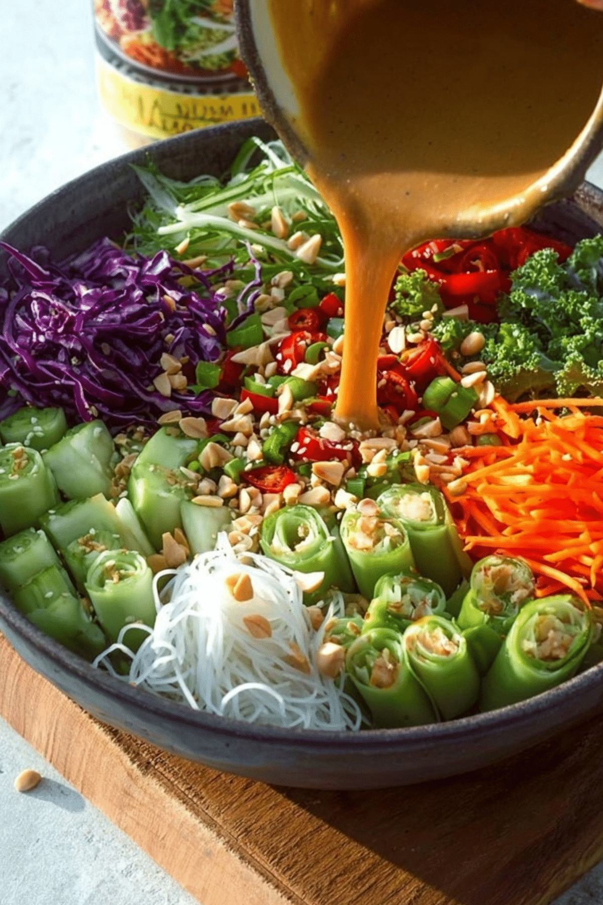Spring Roll Salad with peanut dressing and fresh vegetables"