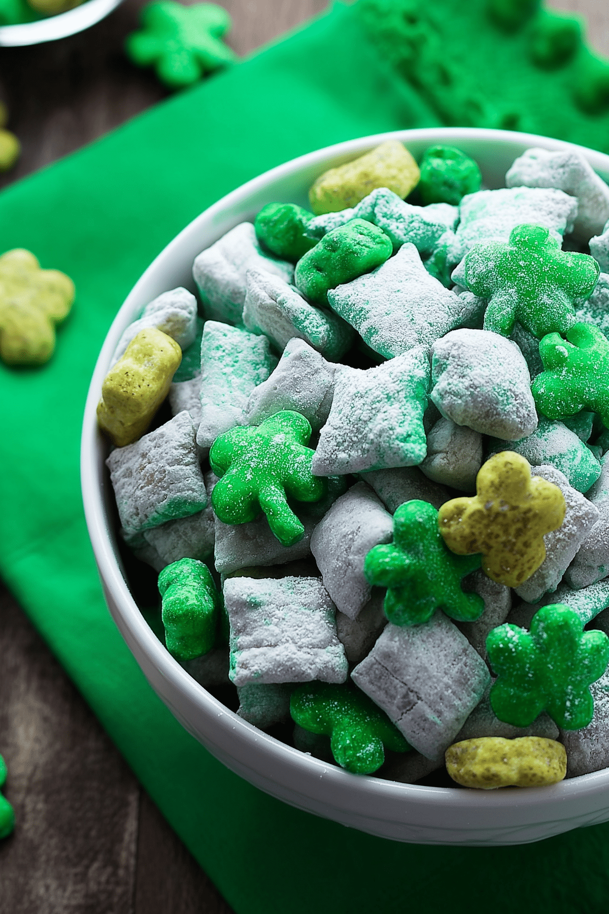 St Patrick’s Day Puppy Chow festive cereal snack mix with green candies