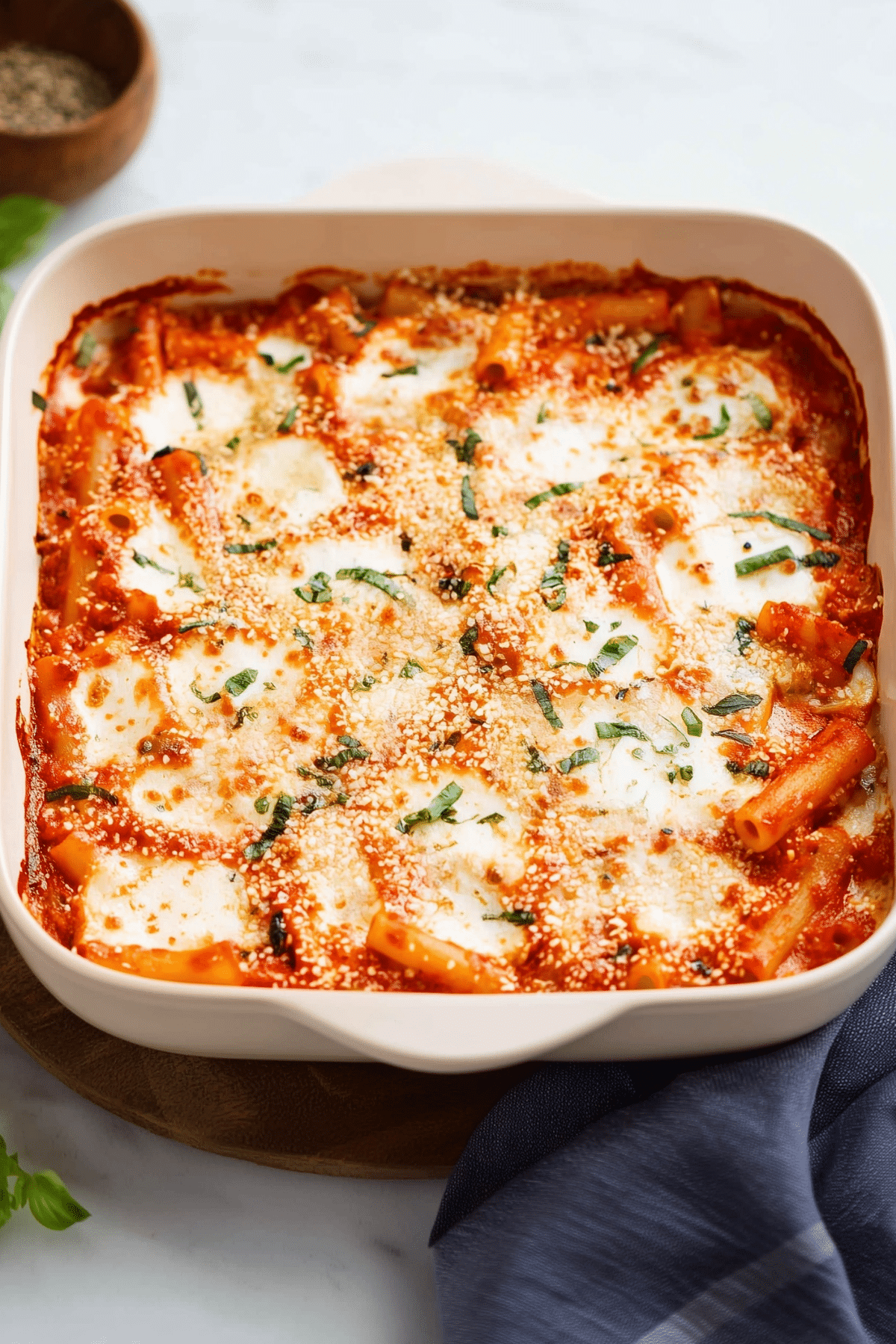No Boil Baked Ziti with melted cheese and marinara sauce