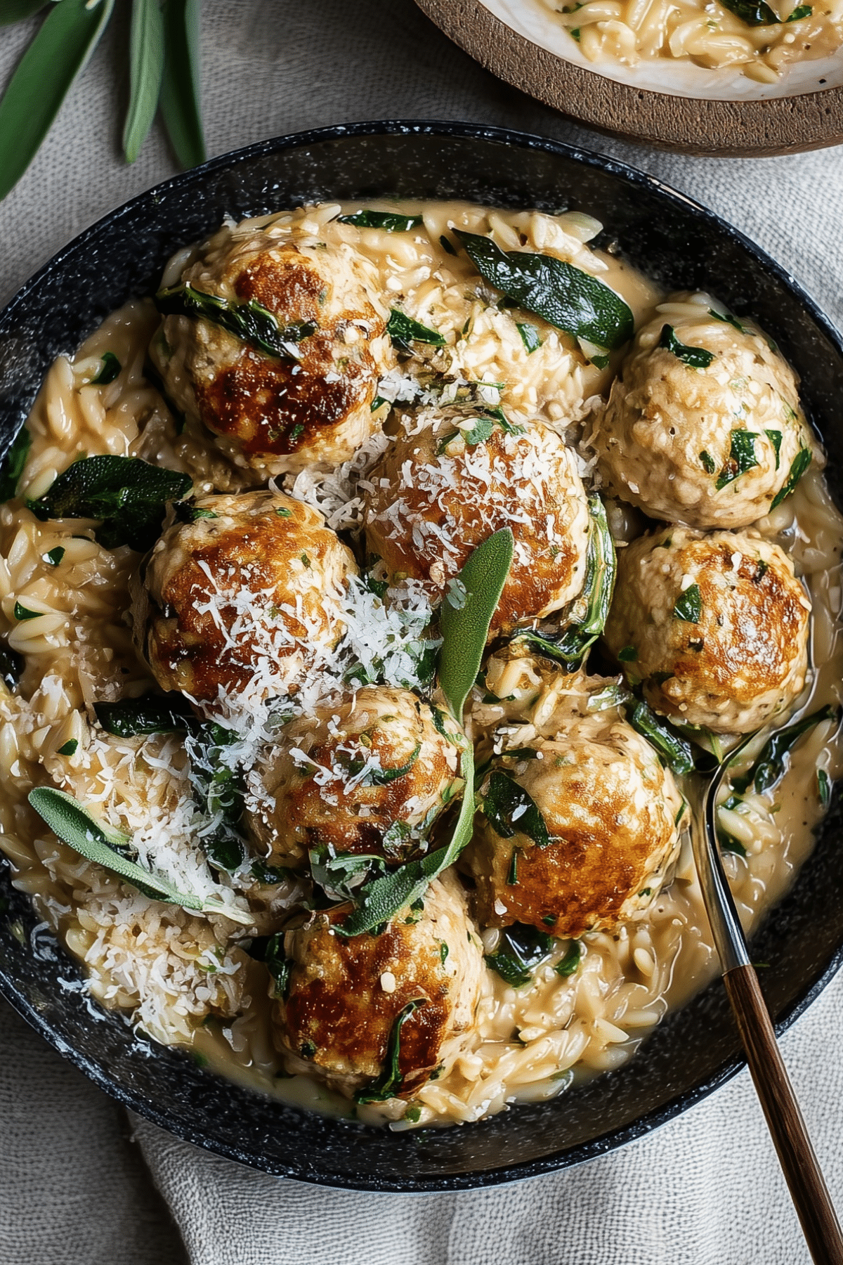 Baked Sage Chicken Meatballs with Parmesan Orzo served creamy and fresh