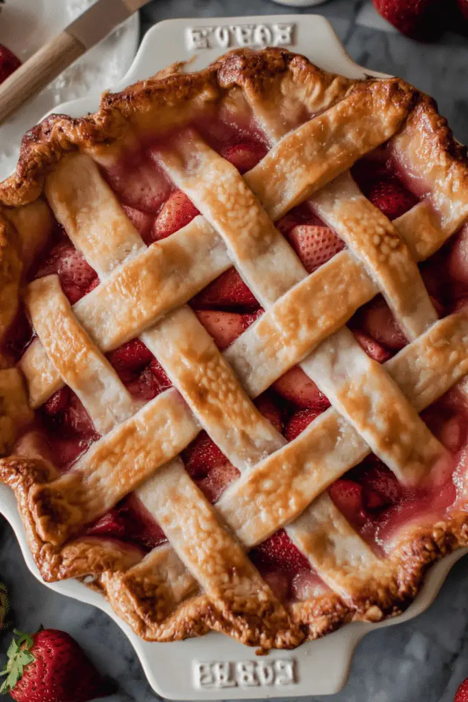 Baked strawberry pie with fresh strawberries and flaky crust