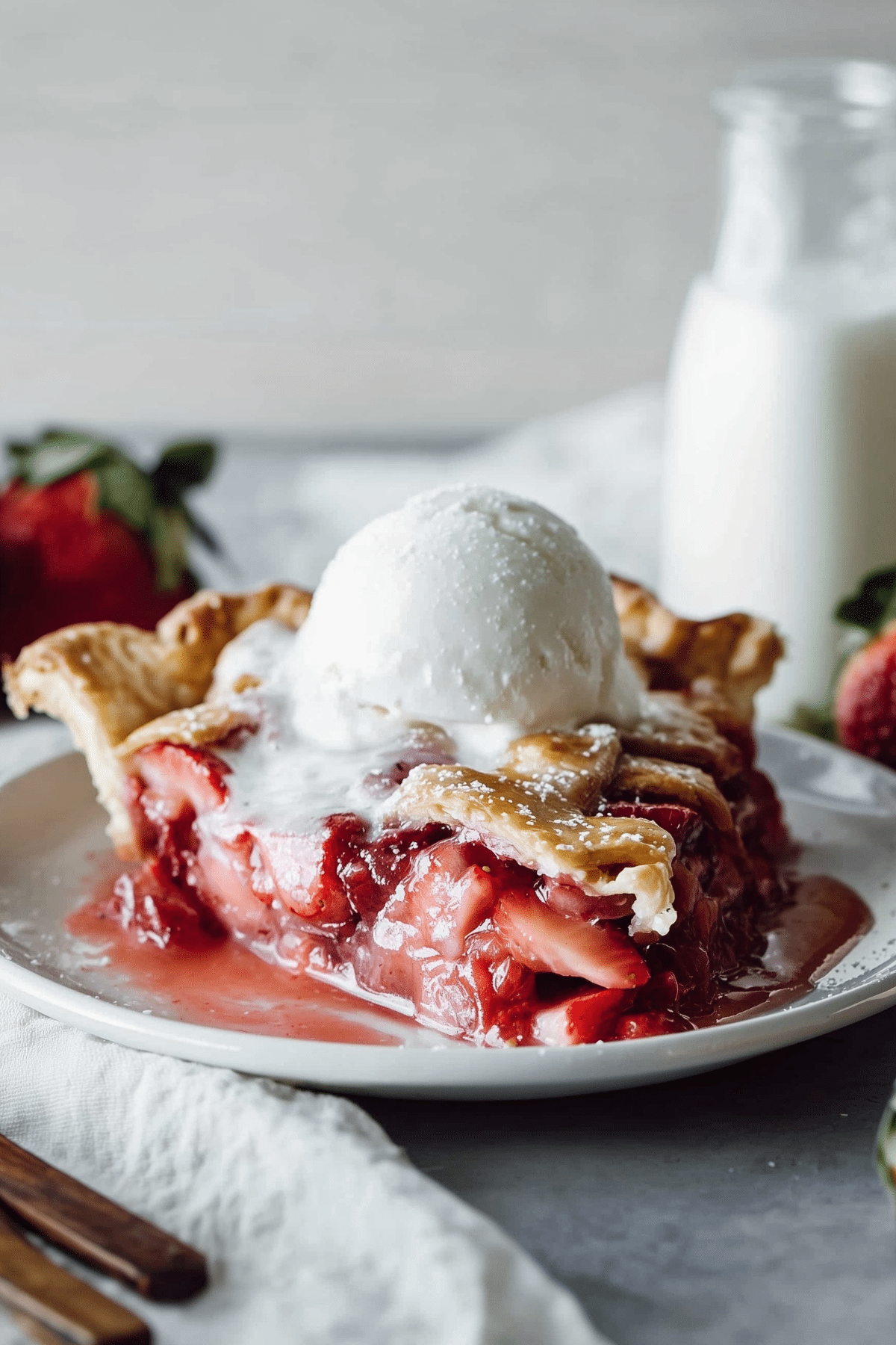 Baked strawberry pie with fresh strawberries and flaky crust