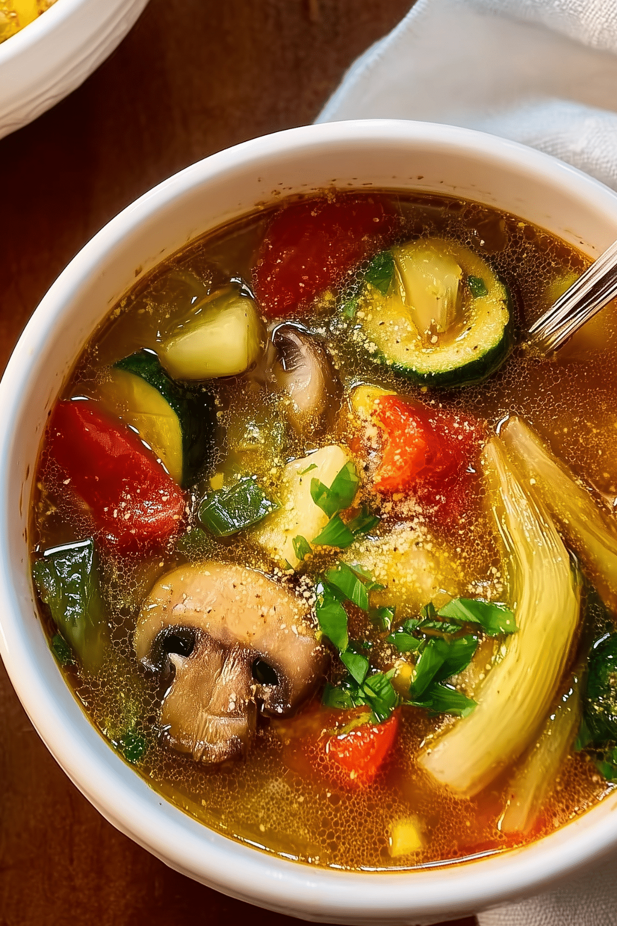 Baked Vegetable Soup served hot with roasted vegetables and herbs