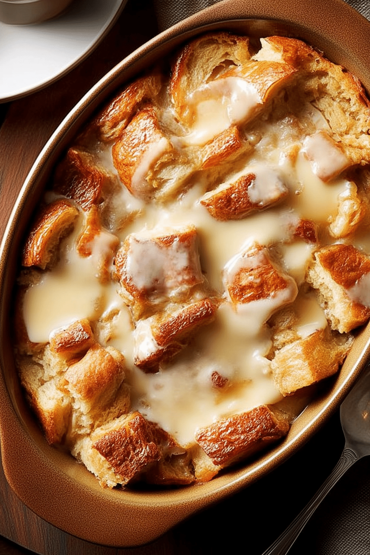 Banana Bread Pudding with warm sauce and ripe bananas