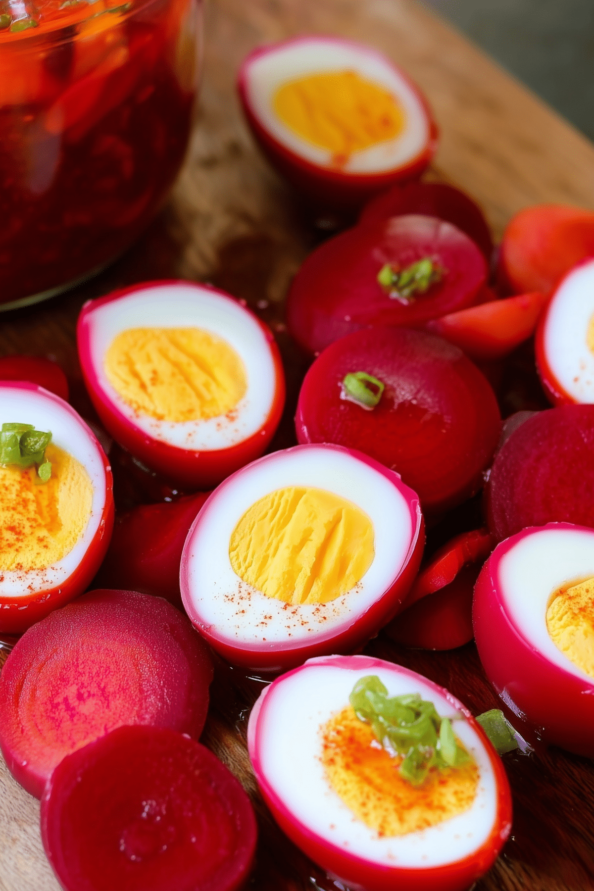 Beet Pickled Deviled Eggs with vibrant pink egg whites and creamy filling