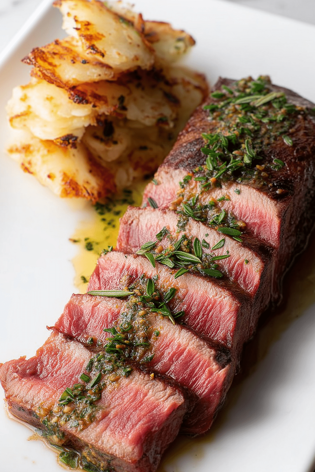 perfectly cooked bison new york strip loin steak with herbed brown butter